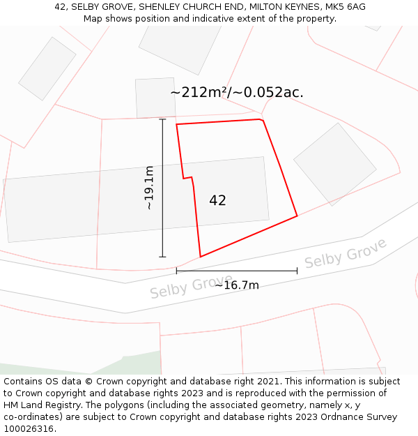 42, SELBY GROVE, SHENLEY CHURCH END, MILTON KEYNES, MK5 6AG: Plot and title map