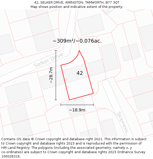 42, SELKER DRIVE, AMINGTON, TAMWORTH, B77 3QT: Plot and title map