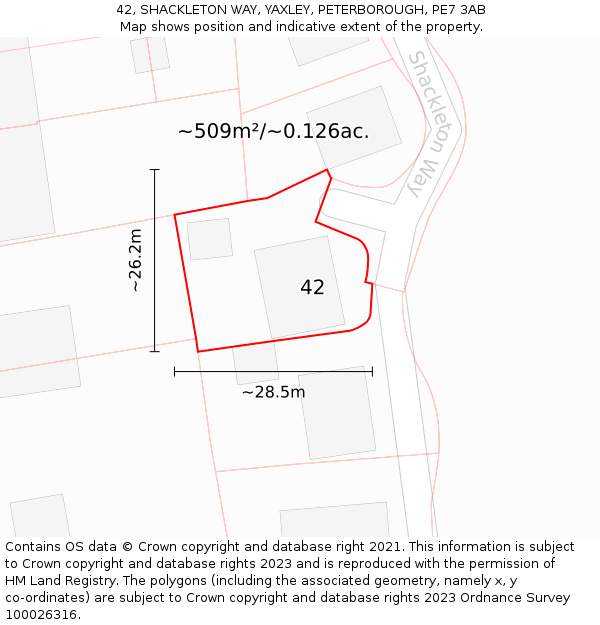 42, SHACKLETON WAY, YAXLEY, PETERBOROUGH, PE7 3AB: Plot and title map