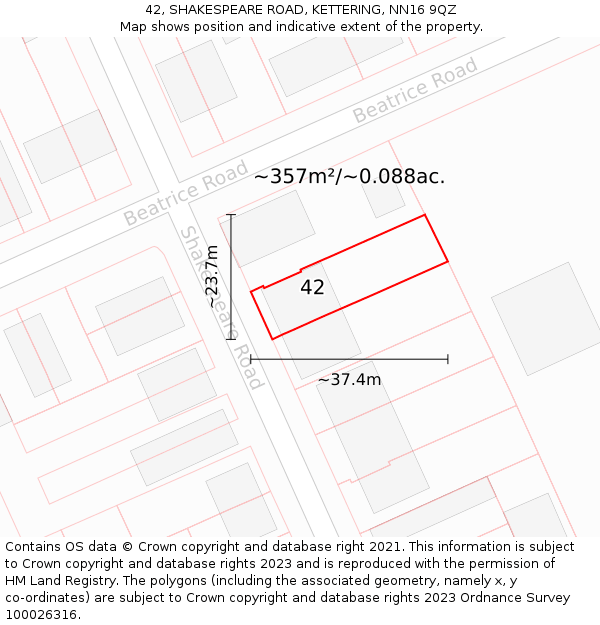 42, SHAKESPEARE ROAD, KETTERING, NN16 9QZ: Plot and title map