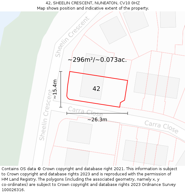 42, SHEELIN CRESCENT, NUNEATON, CV10 0HZ: Plot and title map