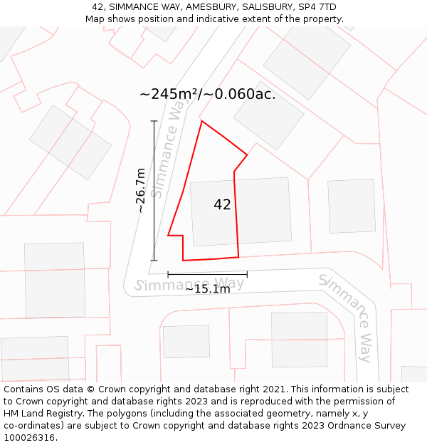 42, SIMMANCE WAY, AMESBURY, SALISBURY, SP4 7TD: Plot and title map