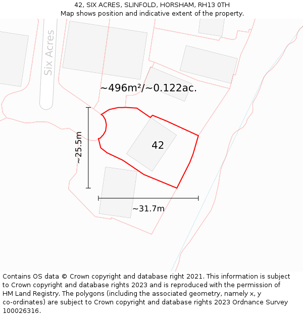 42, SIX ACRES, SLINFOLD, HORSHAM, RH13 0TH: Plot and title map