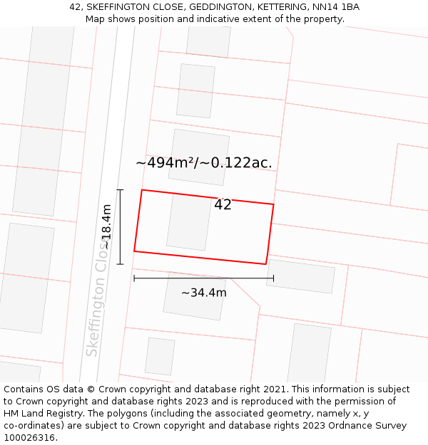 42, SKEFFINGTON CLOSE, GEDDINGTON, KETTERING, NN14 1BA: Plot and title map