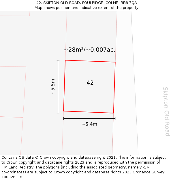 42, SKIPTON OLD ROAD, FOULRIDGE, COLNE, BB8 7QA: Plot and title map