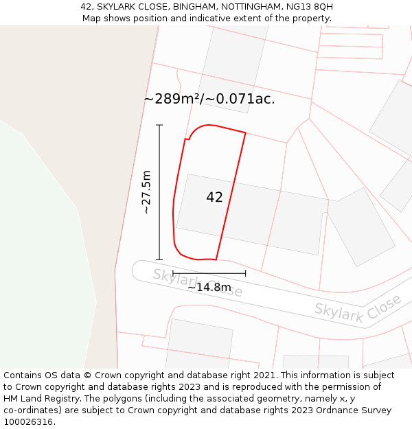 42, SKYLARK CLOSE, BINGHAM, NOTTINGHAM, NG13 8QH: Plot and title map