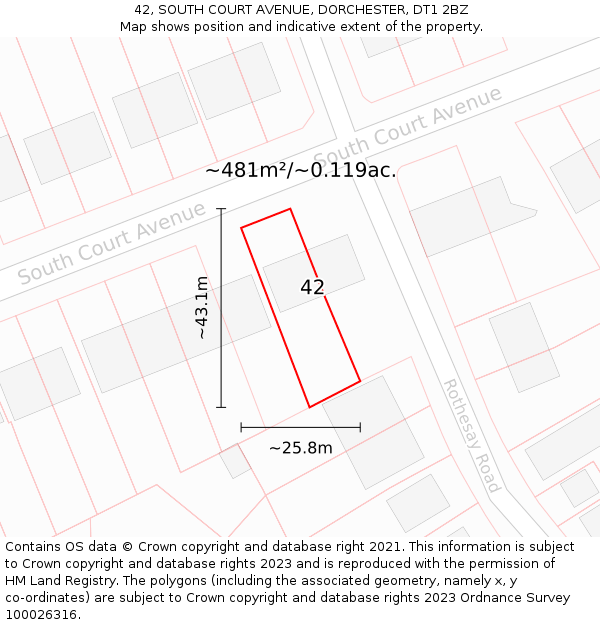 42, SOUTH COURT AVENUE, DORCHESTER, DT1 2BZ: Plot and title map