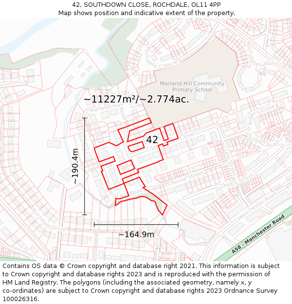 42, SOUTHDOWN CLOSE, ROCHDALE, OL11 4PP: Plot and title map