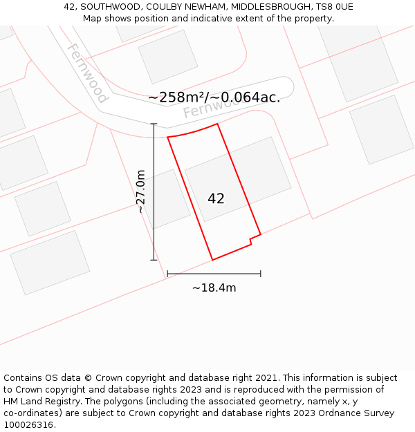 42, SOUTHWOOD, COULBY NEWHAM, MIDDLESBROUGH, TS8 0UE: Plot and title map
