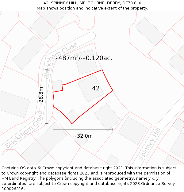 42, SPINNEY HILL, MELBOURNE, DERBY, DE73 8LX: Plot and title map