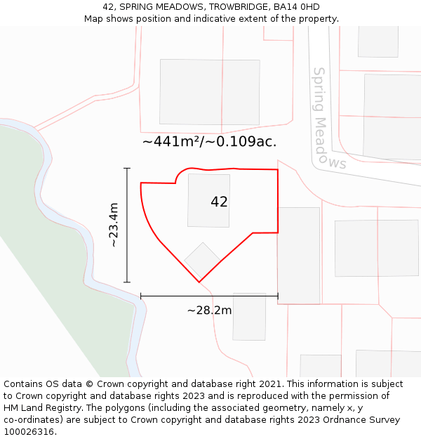 42, SPRING MEADOWS, TROWBRIDGE, BA14 0HD: Plot and title map