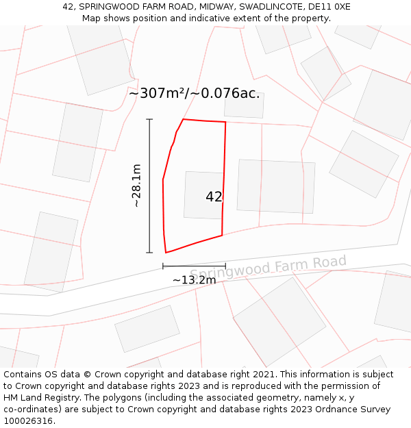 42, SPRINGWOOD FARM ROAD, MIDWAY, SWADLINCOTE, DE11 0XE: Plot and title map