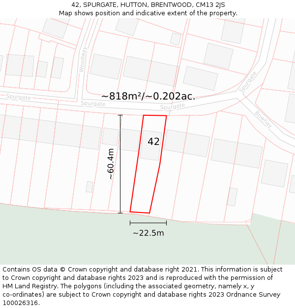 42, SPURGATE, HUTTON, BRENTWOOD, CM13 2JS: Plot and title map