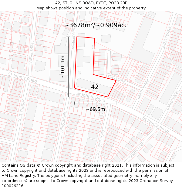 42, ST JOHNS ROAD, RYDE, PO33 2RP: Plot and title map