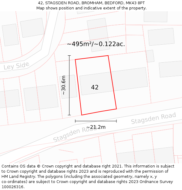 42, STAGSDEN ROAD, BROMHAM, BEDFORD, MK43 8PT: Plot and title map