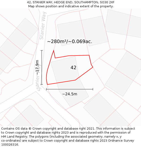 42, STANIER WAY, HEDGE END, SOUTHAMPTON, SO30 2XF: Plot and title map