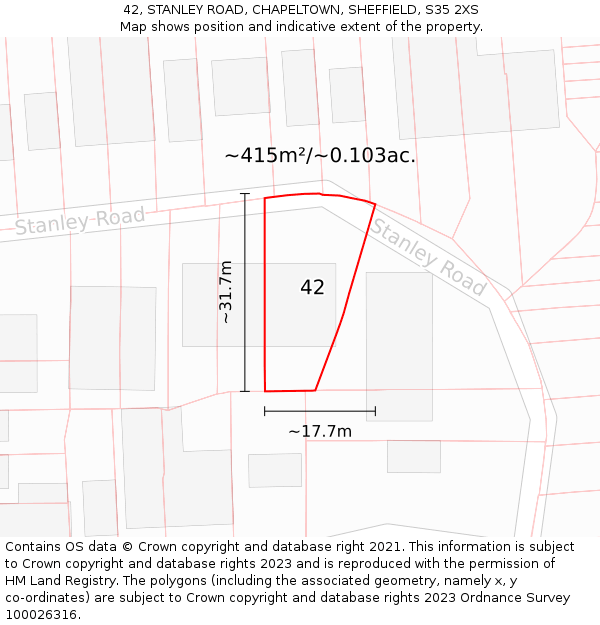 42, STANLEY ROAD, CHAPELTOWN, SHEFFIELD, S35 2XS: Plot and title map