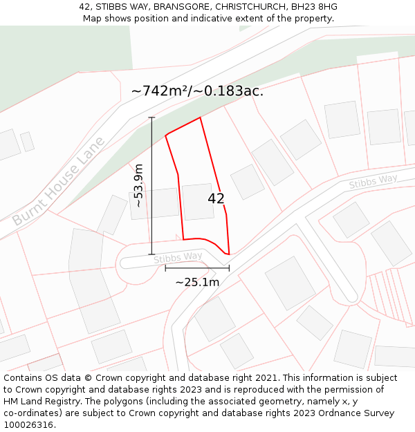 42, STIBBS WAY, BRANSGORE, CHRISTCHURCH, BH23 8HG: Plot and title map