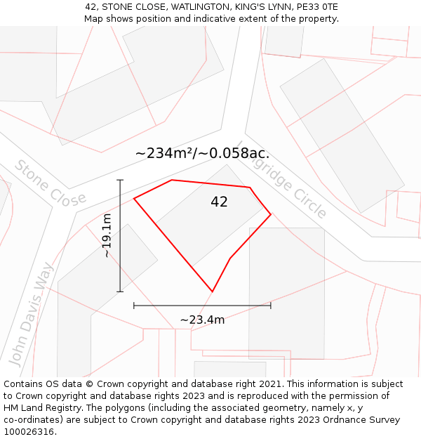 42, STONE CLOSE, WATLINGTON, KING'S LYNN, PE33 0TE: Plot and title map