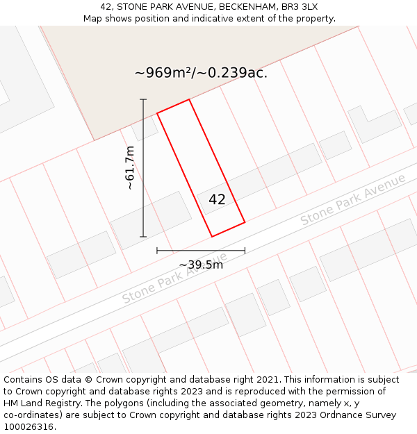 42, STONE PARK AVENUE, BECKENHAM, BR3 3LX: Plot and title map
