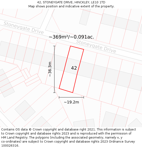 42, STONEYGATE DRIVE, HINCKLEY, LE10 1TD: Plot and title map