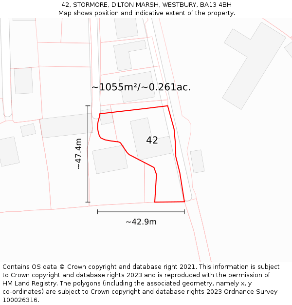 42, STORMORE, DILTON MARSH, WESTBURY, BA13 4BH: Plot and title map