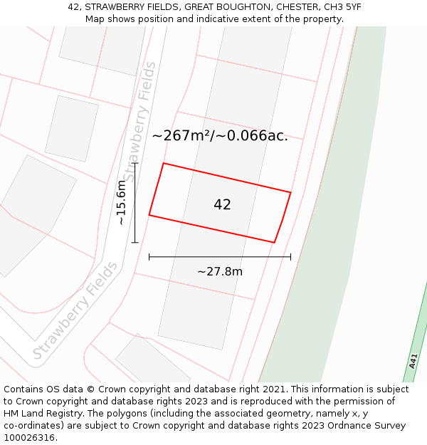 42, STRAWBERRY FIELDS, GREAT BOUGHTON, CHESTER, CH3 5YF: Plot and title map