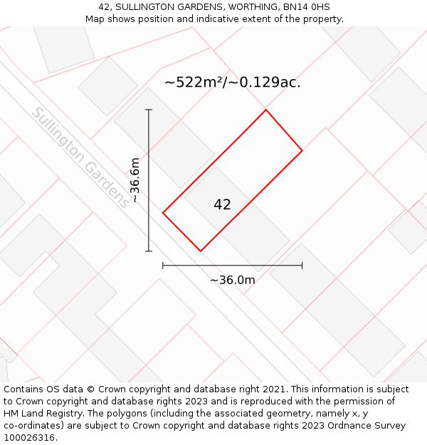 42, SULLINGTON GARDENS, WORTHING, BN14 0HS: Plot and title map