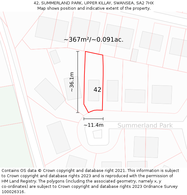 42, SUMMERLAND PARK, UPPER KILLAY, SWANSEA, SA2 7HX: Plot and title map