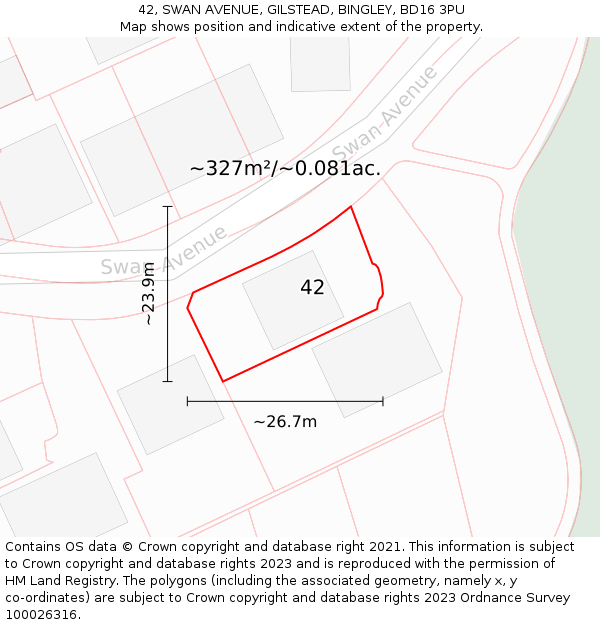 42, SWAN AVENUE, GILSTEAD, BINGLEY, BD16 3PU: Plot and title map