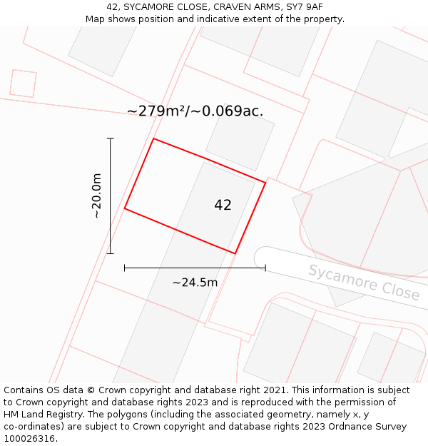 42, SYCAMORE CLOSE, CRAVEN ARMS, SY7 9AF: Plot and title map