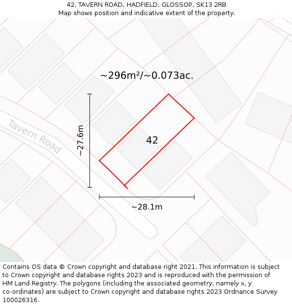 42, TAVERN ROAD, HADFIELD, GLOSSOP, SK13 2RB: Plot and title map