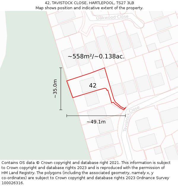 42, TAVISTOCK CLOSE, HARTLEPOOL, TS27 3LB: Plot and title map