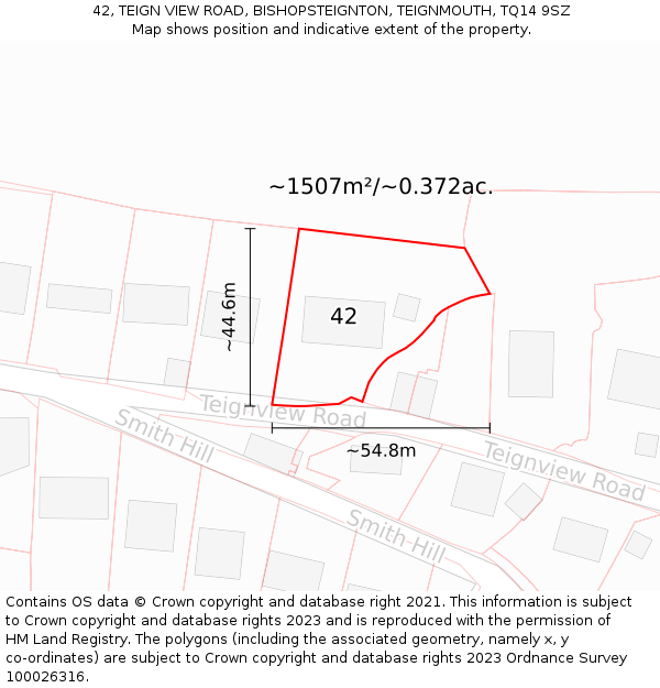 42, TEIGN VIEW ROAD, BISHOPSTEIGNTON, TEIGNMOUTH, TQ14 9SZ: Plot and title map