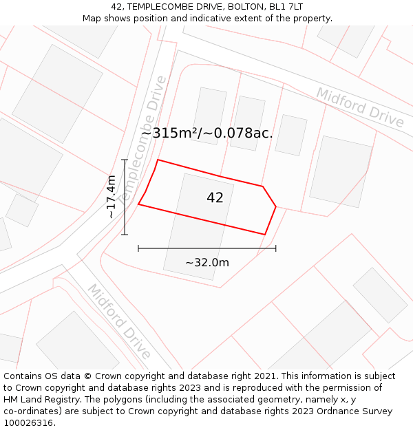 42, TEMPLECOMBE DRIVE, BOLTON, BL1 7LT: Plot and title map