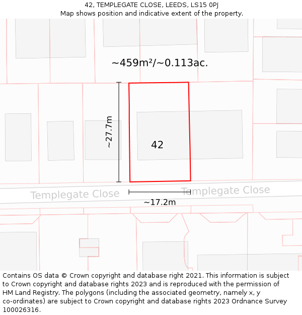 42, TEMPLEGATE CLOSE, LEEDS, LS15 0PJ: Plot and title map