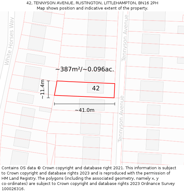 42, TENNYSON AVENUE, RUSTINGTON, LITTLEHAMPTON, BN16 2PH: Plot and title map