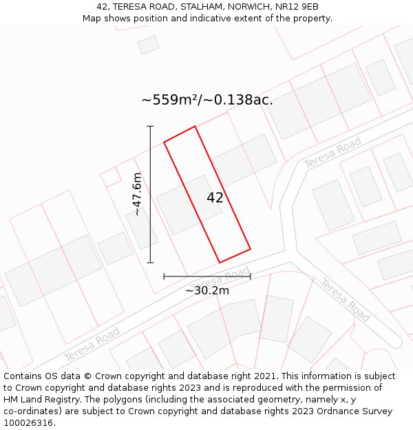 42, TERESA ROAD, STALHAM, NORWICH, NR12 9EB: Plot and title map