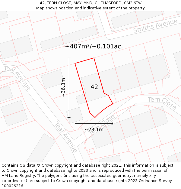 42, TERN CLOSE, MAYLAND, CHELMSFORD, CM3 6TW: Plot and title map