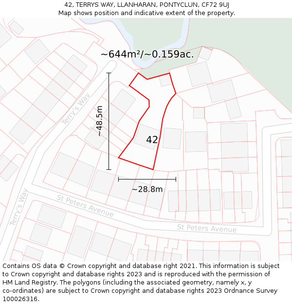 42, TERRYS WAY, LLANHARAN, PONTYCLUN, CF72 9UJ: Plot and title map