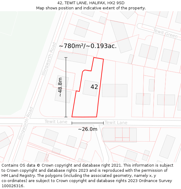 42, TEWIT LANE, HALIFAX, HX2 9SD: Plot and title map
