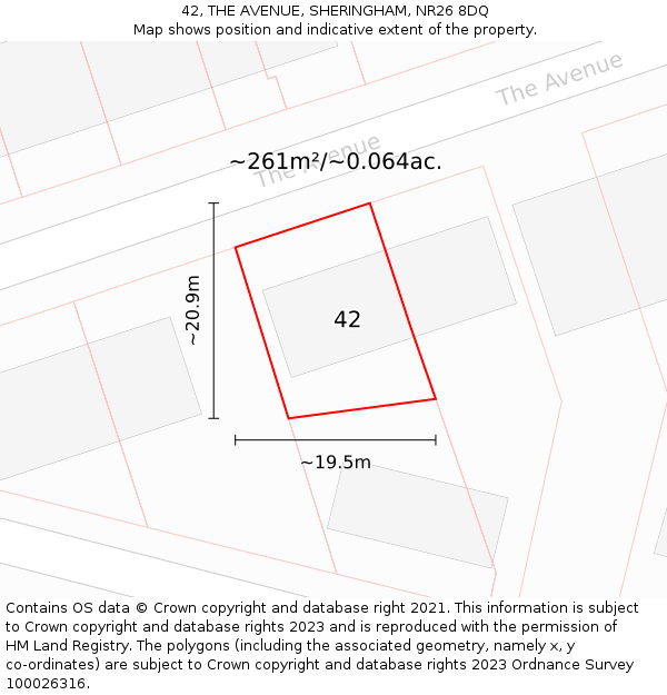42, THE AVENUE, SHERINGHAM, NR26 8DQ: Plot and title map