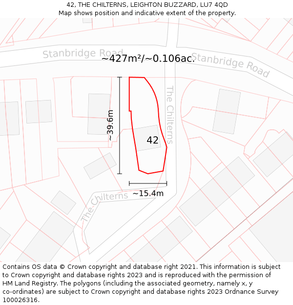 42, THE CHILTERNS, LEIGHTON BUZZARD, LU7 4QD: Plot and title map