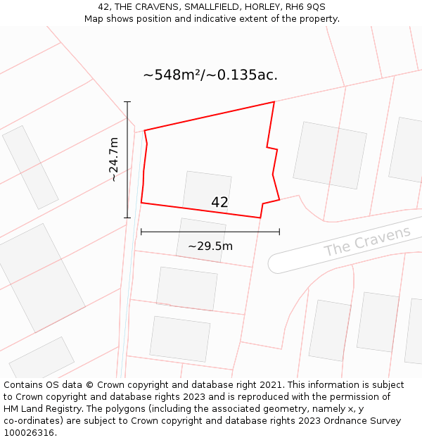 42, THE CRAVENS, SMALLFIELD, HORLEY, RH6 9QS: Plot and title map