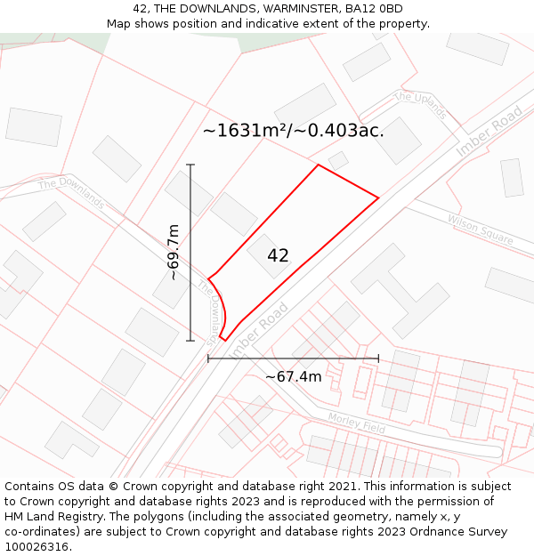 42, THE DOWNLANDS, WARMINSTER, BA12 0BD: Plot and title map
