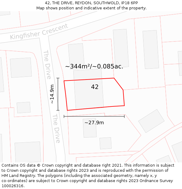 42, THE DRIVE, REYDON, SOUTHWOLD, IP18 6PP: Plot and title map