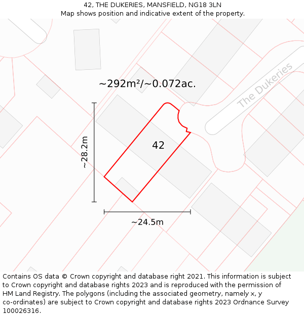 42, THE DUKERIES, MANSFIELD, NG18 3LN: Plot and title map
