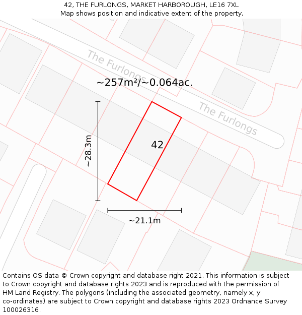 42, THE FURLONGS, MARKET HARBOROUGH, LE16 7XL: Plot and title map
