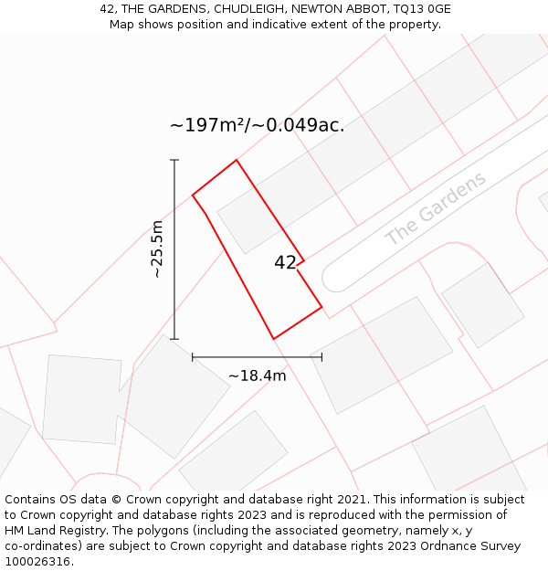 42, THE GARDENS, CHUDLEIGH, NEWTON ABBOT, TQ13 0GE: Plot and title map