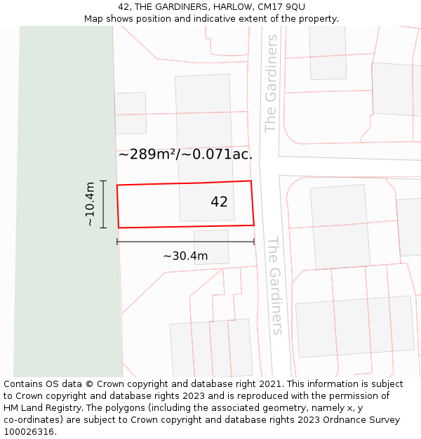 42, THE GARDINERS, HARLOW, CM17 9QU: Plot and title map